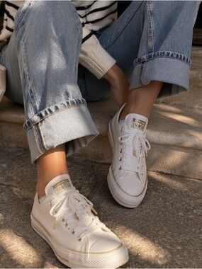 Converse Chuck Taylor All Star White Leather Sneakers Gold Detail Lace Tips